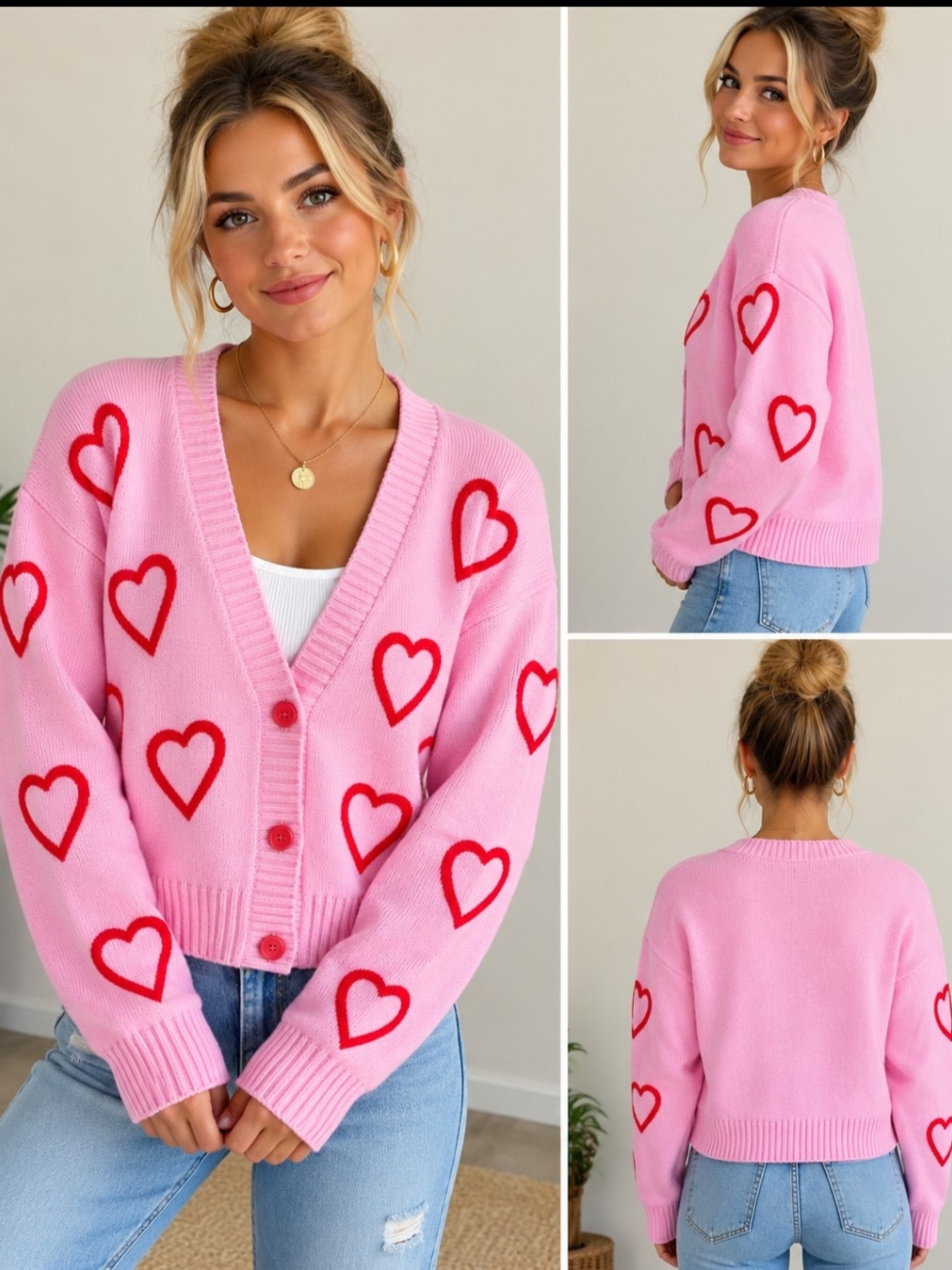 33 Degrees Pink & Red Heart Cardigan Sweater Size L